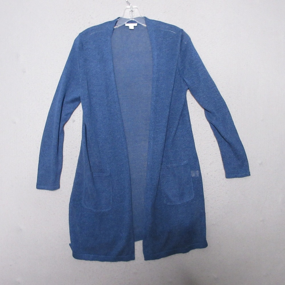 J Jill Cardigan S Petite Blue Linen Blend Open Front Longline Coastal Beach Airy